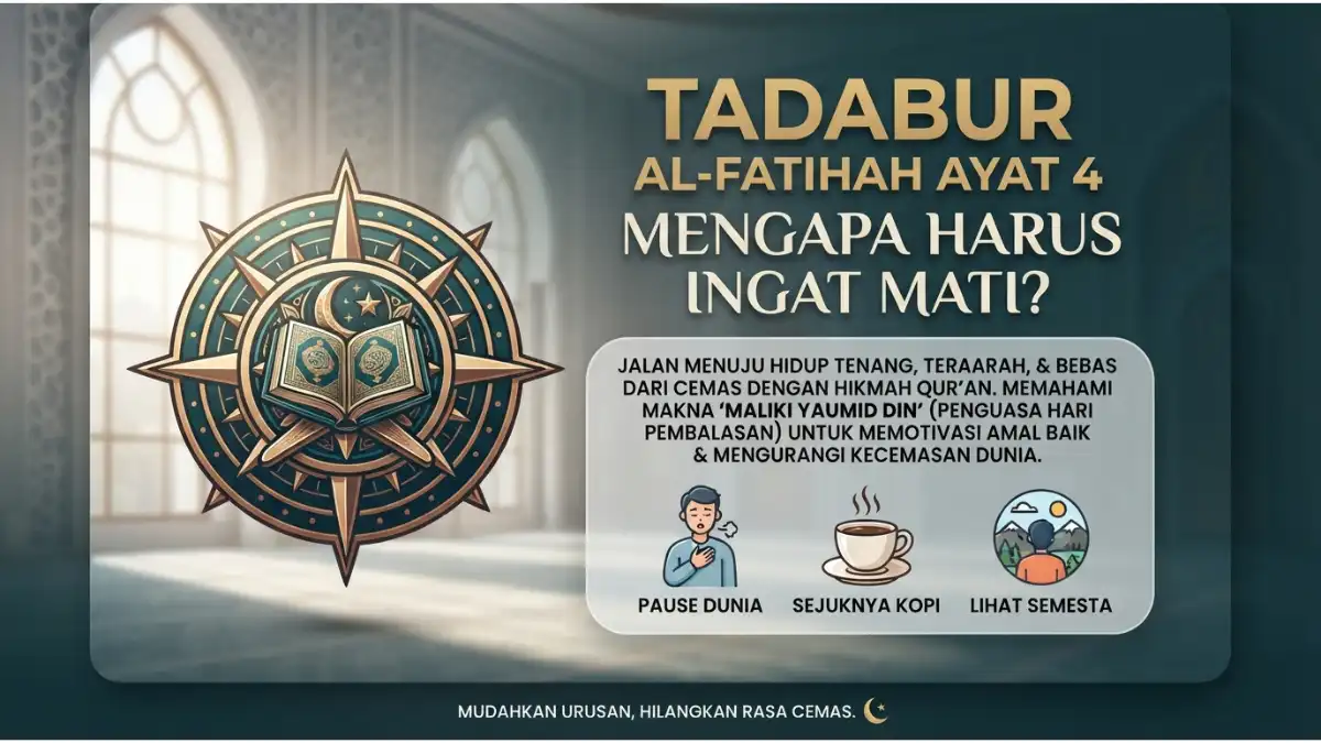 Visualisasi tadabur Al-Fatihah ayat 4 tentang renungan kematian dan pentingnya mengingat hari akhir dalam hidup.