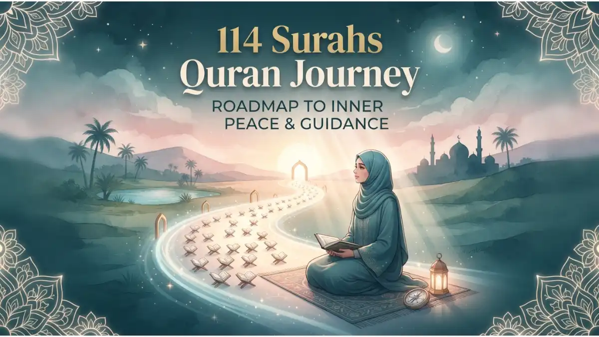 A serene Muslim woman in hijab reading the Quran on a glowing path leading to a mosque at sunset. Inner peace and guidance.