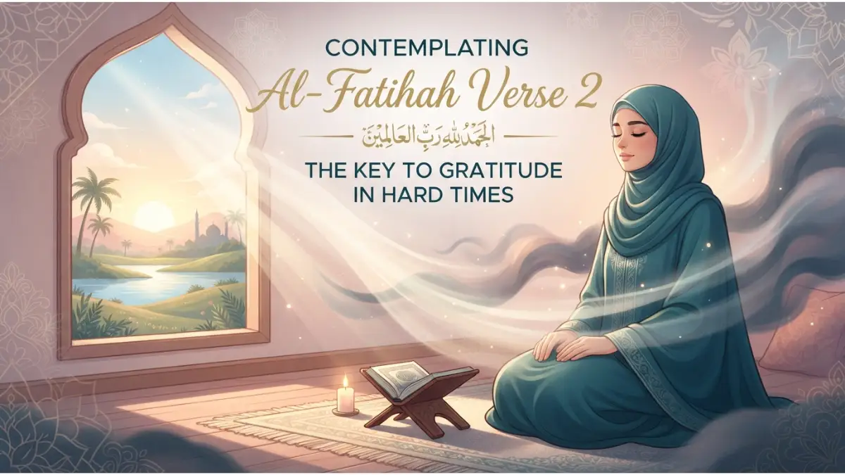 A serene Muslim woman meditating by a sunlit window, reflecting on Al-Fatihah Verse 2 to find gratitude during hard times.