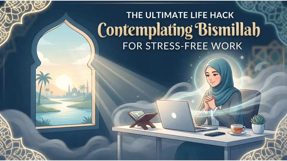 A serene Muslim woman working on a laptop by a sunlit window, embodying peace and the practice of saying 'Bismillah'.