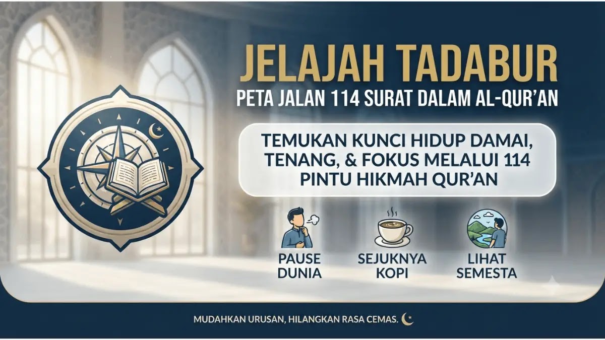 Jelajah Tadabur 114 Surat Al-Qur'an Infografis Jelajah Tadabur: Peta jalan 114 surat dalam Al-Qur'an sebagai kunci hidup damai dan fokus.
