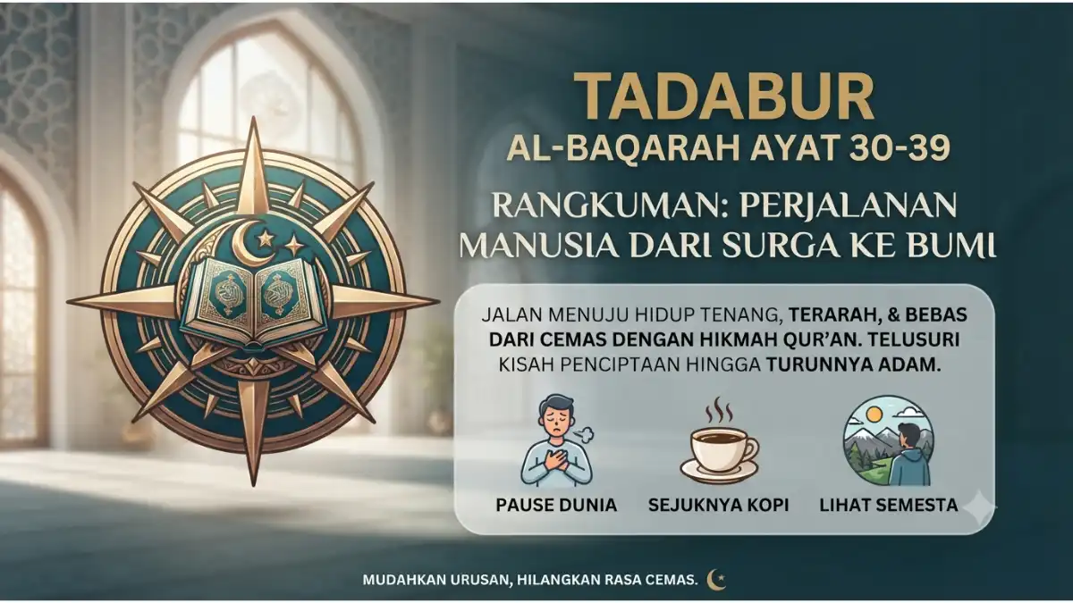 Rangkuman tadabur Al-Baqarah ayat 30-39 tentang perjalanan manusia dari surga hingga turun ke bumi.