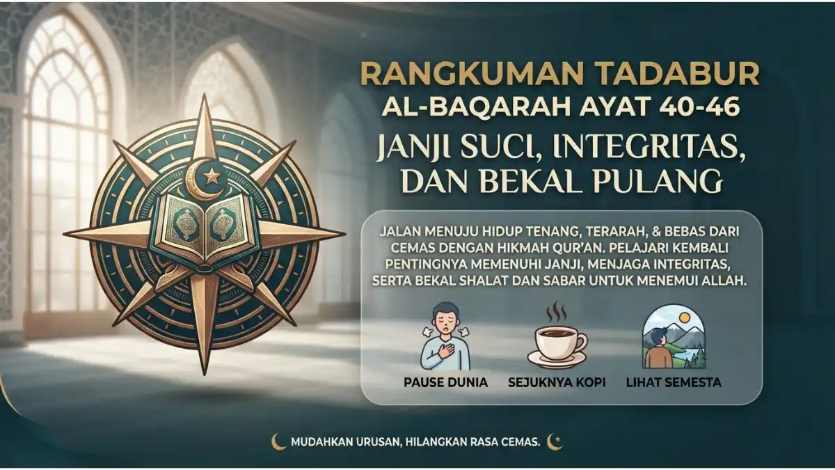Visualisasi rangkuman tadabur Al-Baqarah ayat 40-46 tentang janji suci, integritas diri, dan bekal kembali kepada Allah.