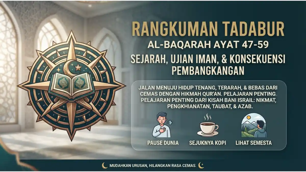Visualisasi rangkuman tadabur Al-Baqarah ayat 47-59 tentang sejarah, ujian iman, dan konsekuensi pembangkangan.