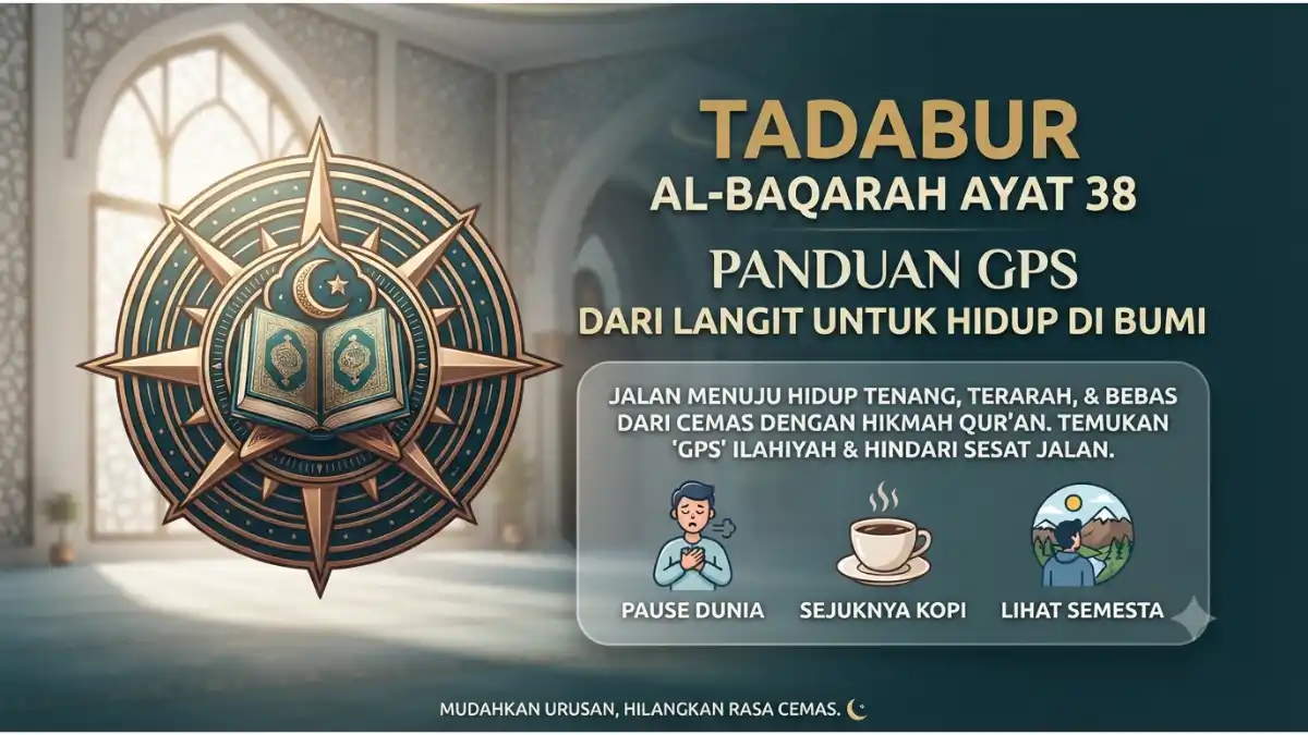 Visualisasi tadabur Al-Baqarah ayat 38 tentang petunjuk Ilahi sebagai panduan hidup di bumi.