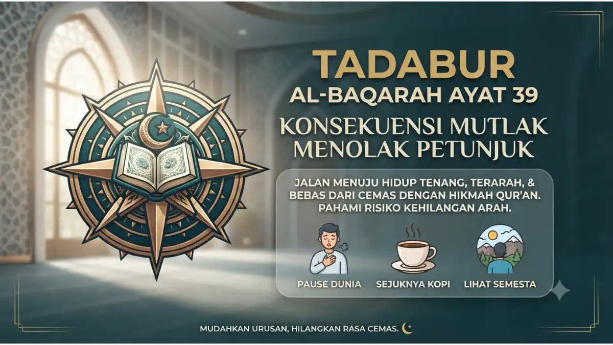 Visualisasi tadabur Al-Baqarah ayat 39 tentang konsekuensi mutlak bagi mereka yang menolak petunjuk Ilahi.