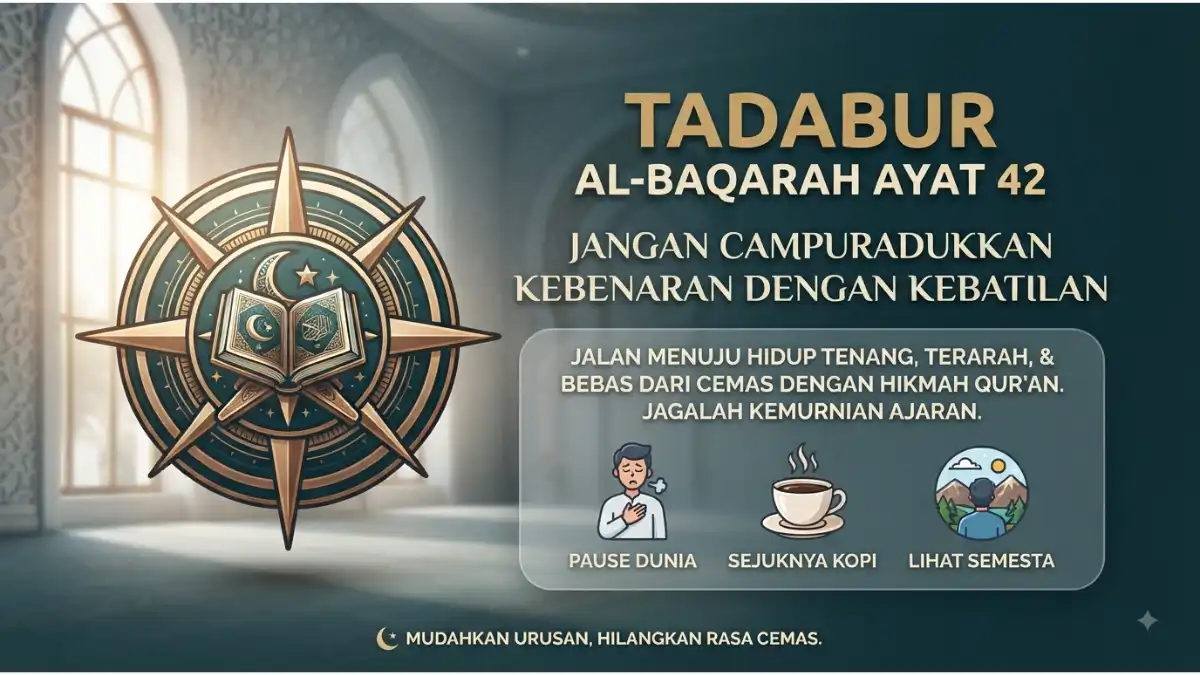 Visualisasi tadabur Al-Baqarah ayat 42 tentang larangan mencampuradukkan kebenaran dengan kebatilan demi kemurnian ajaran.