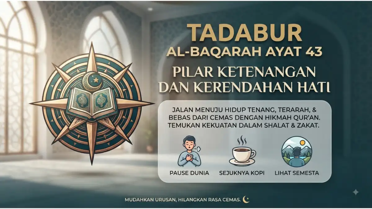 Visualisasi tadabur Al-Baqarah ayat 43 tentang shalat dan zakat sebagai pilar ketenangan serta kerendahan hati.