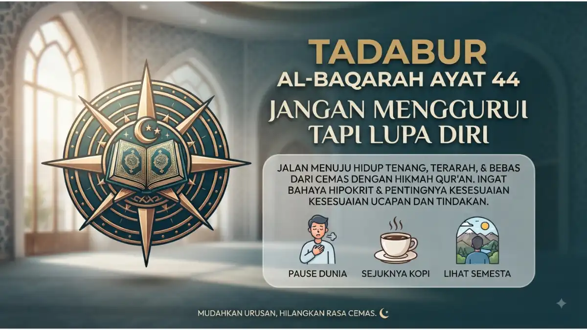 Visualisasi tadabur Al-Baqarah ayat 44 tentang pentingnya kesesuaian antara ucapan dan tindakan dalam berdakwah.
