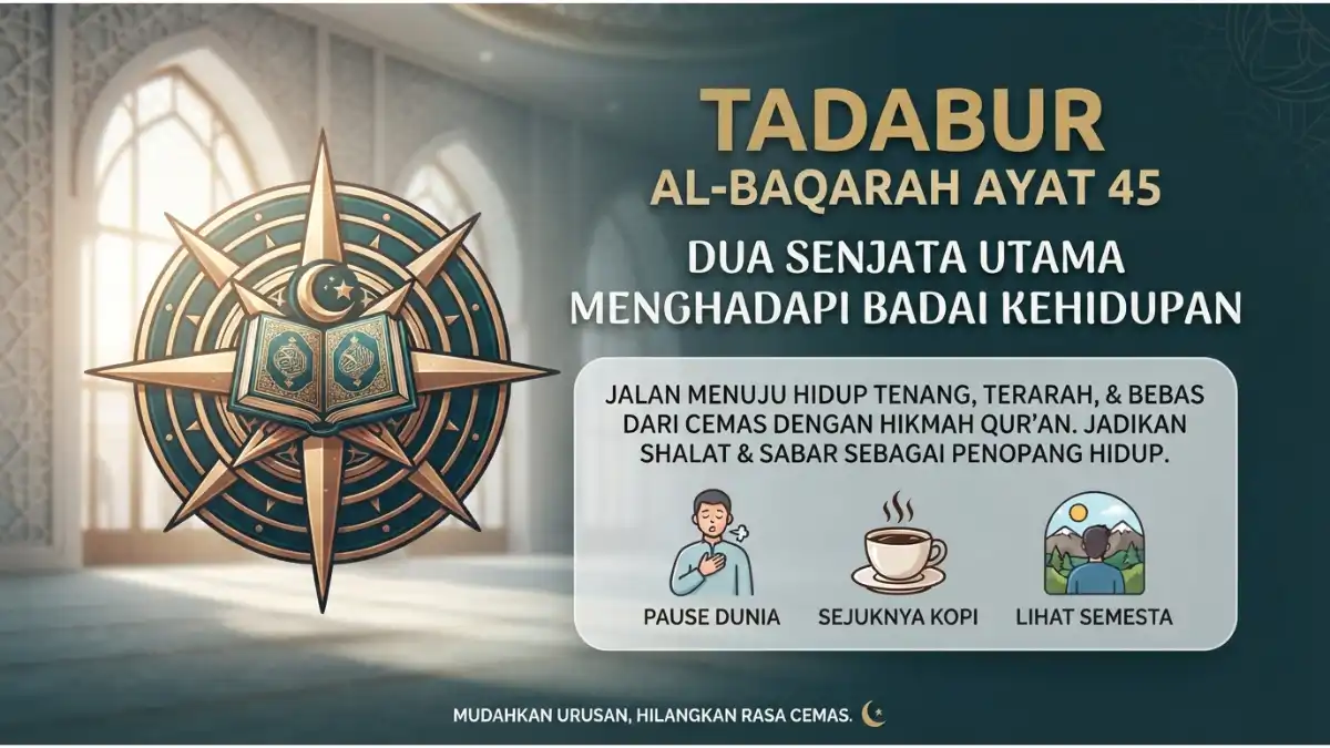 Visualisasi tadabur Al-Baqarah ayat 45 tentang shalat dan sabar sebagai senjata utama menghadapi ujian hidup.