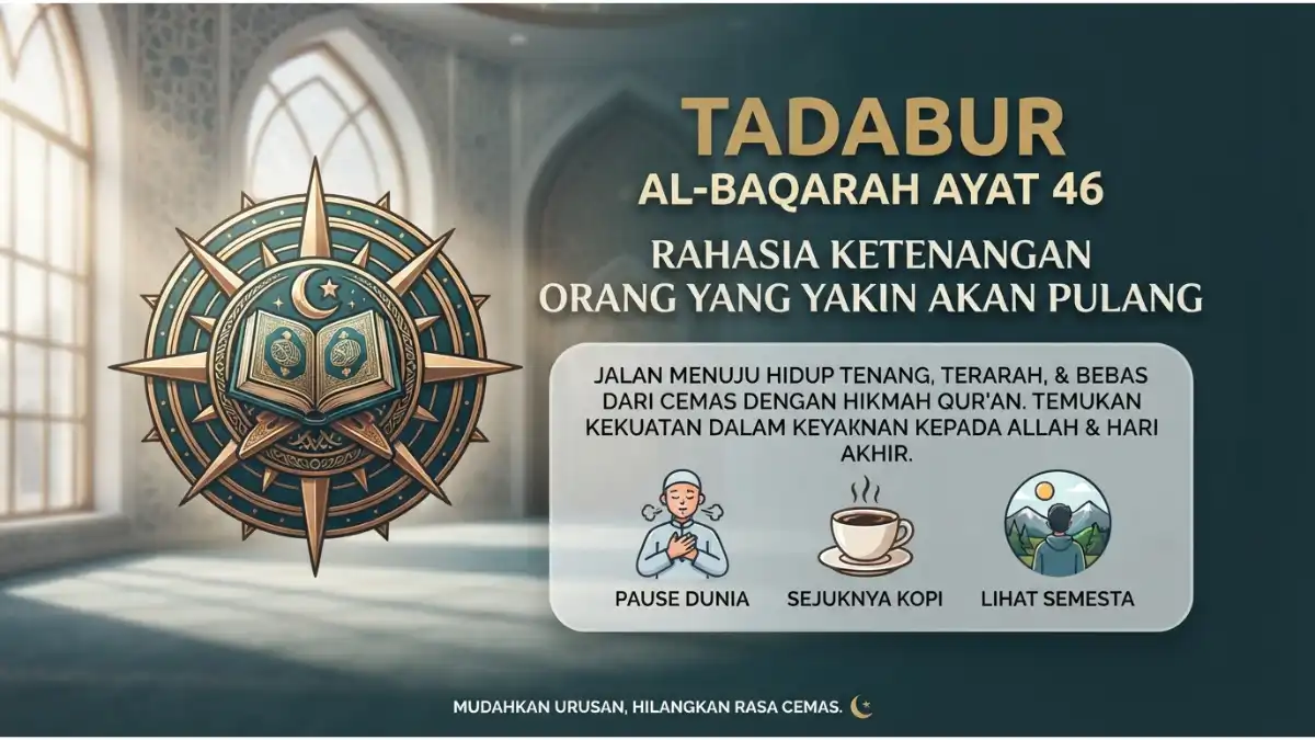 Visualisasi tadabur Al-Baqarah ayat 46 tentang keyakinan bertemu Allah sebagai rahasia ketenangan jiwa.