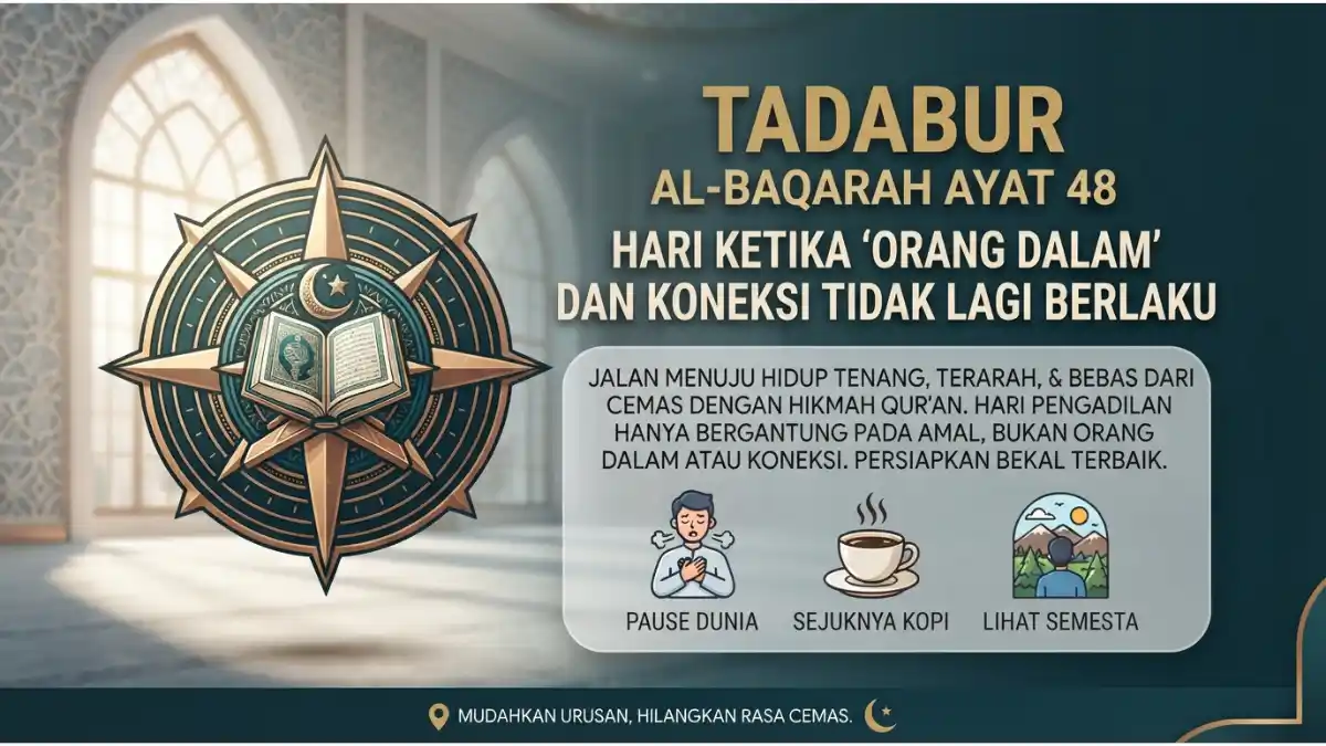Visualisasi tadabur Al-Baqarah ayat 48 tentang hari kiamat di mana syafaat dan koneksi dunia tidak lagi berlaku.