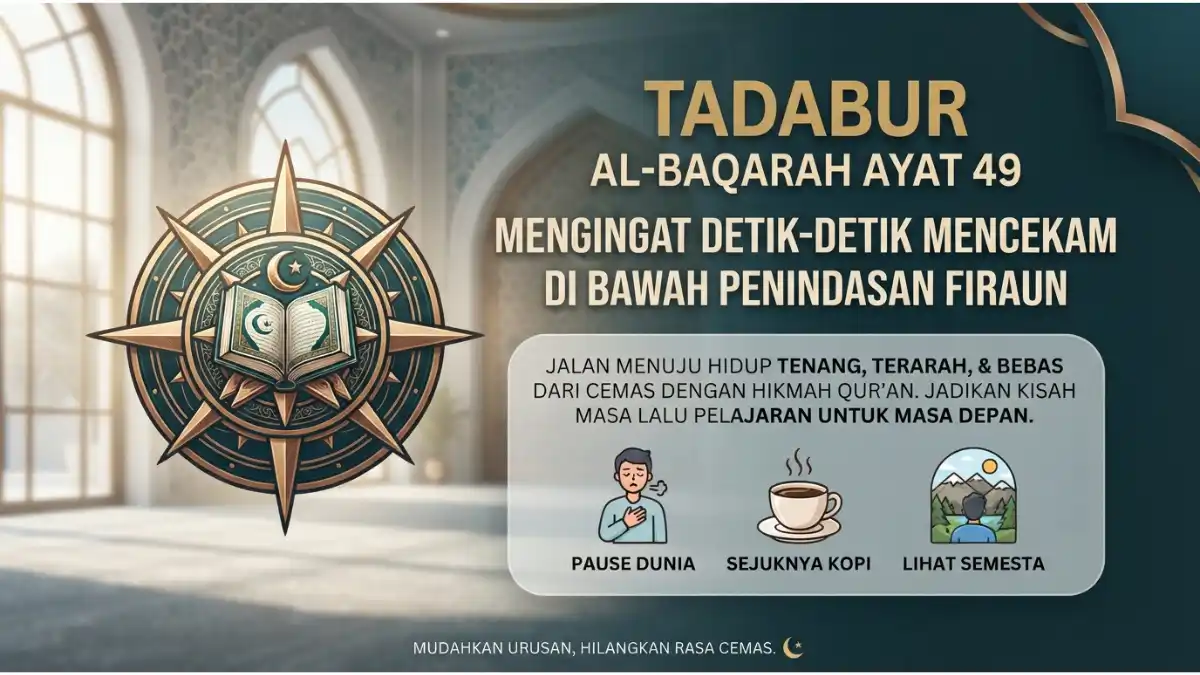Visualisasi tadabur Al-Baqarah ayat 49 tentang pengingat kekejaman Firaun dan nikmat pertolongan Allah bagi orang beriman.
