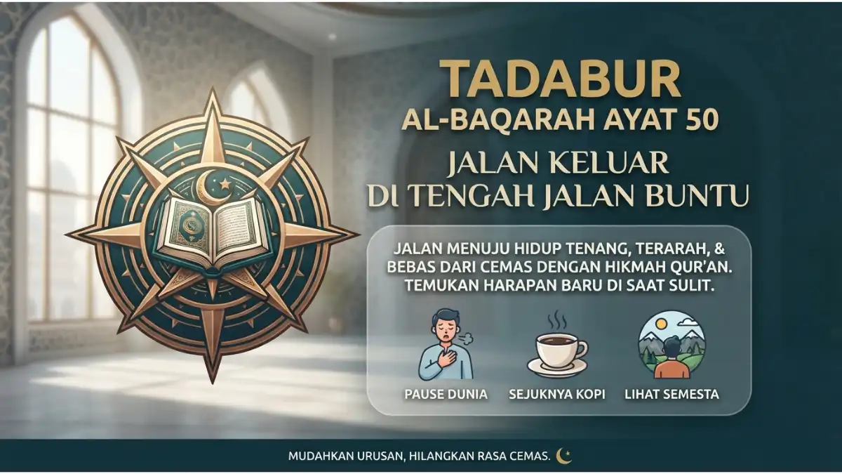 Visualisasi tadabur Al-Baqarah ayat 50 tentang mukjizat terbelahnya laut sebagai jalan keluar di saat situasi terasa buntu.