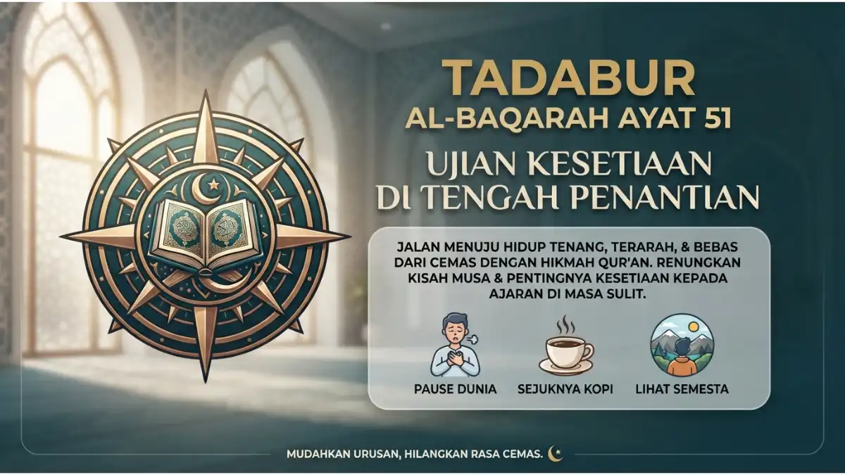 Visualisasi tadabur Al-Baqarah ayat 51 tentang ujian kesetiaan Bani Israil kepada Allah di saat penantian Nabi Musa.