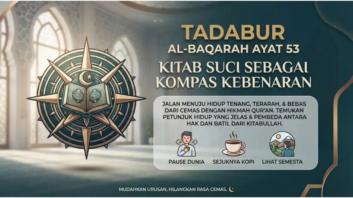 Visualisasi tadabur Al-Baqarah ayat 53 tentang kitab suci sebagai pedoman dan pembeda antara benar dan salah.