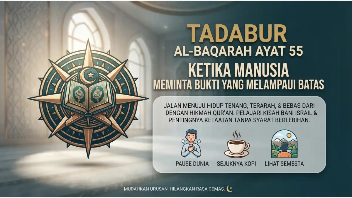 Visualisasi tadabur Al-Baqarah ayat 55 tentang sikap Bani Israil yang meminta melihat Allah secara langsung.