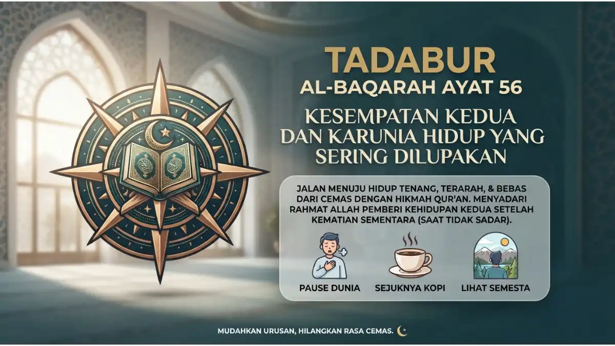 Visualisasi tadabur Al-Baqarah ayat 56 tentang kesempatan kedua dan karunia kehidupan yang sering dilupakan manusia.