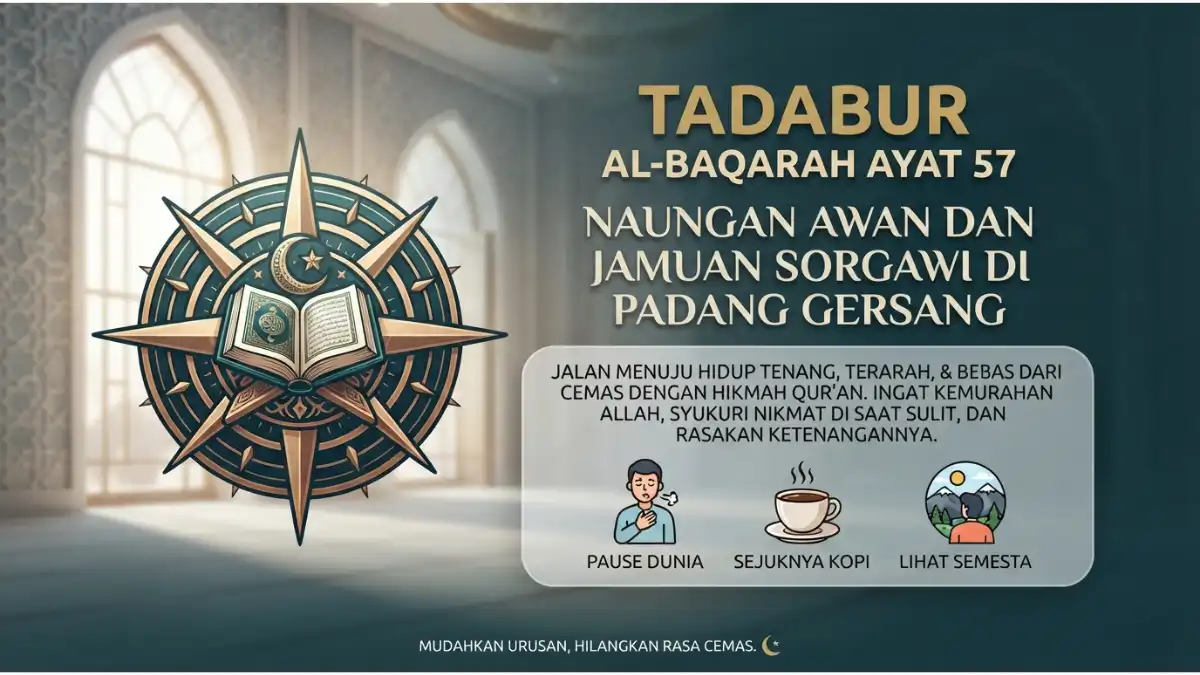Visualisasi tadabur Al-Baqarah ayat 57 tentang naungan awan dan rezeki surgawi manna salwa di padang gersang.