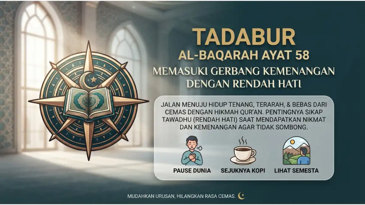 Visualisasi tadabur Al-Baqarah ayat 58 tentang memasuki gerbang kemenangan dengan penuh rasa rendah hati dan taat.