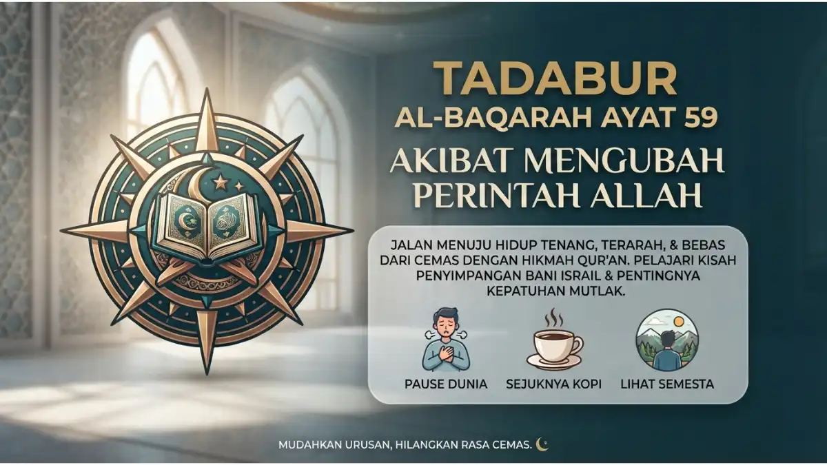 Visualisasi tadabur Al-Baqarah ayat 59 tentang akibat buruk dari mengubah dan menyelewengkan perintah Allah.