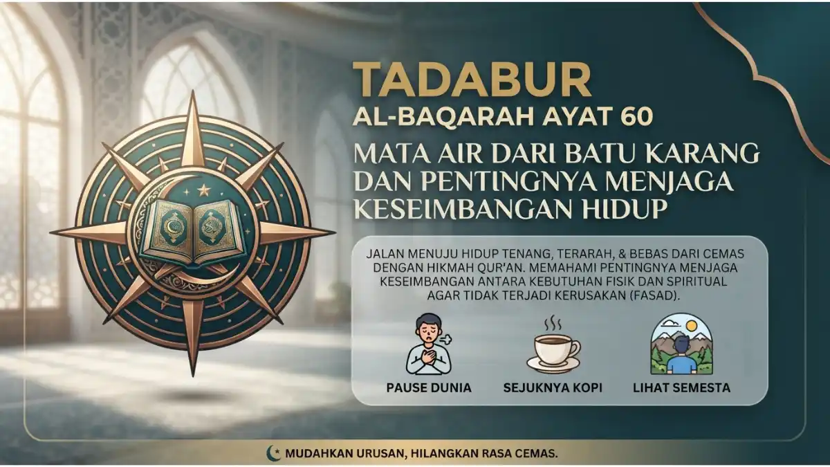 Visualisasi tadabur Al-Baqarah ayat 60 tentang mukjizat mata air batu karang dan pentingnya menjaga keseimbangan hidup.