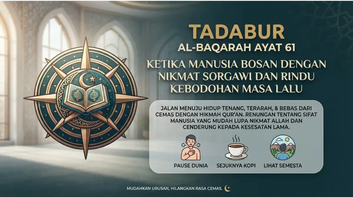 Tadabur Al-Baqarah Ayat 61: Bosan dengan Nikmat Sorgawi 2 Visualisasi tadabur Al-Baqarah ayat 61 tentang sifat manusia yang bosan dengan nikmat surgawi dan rindu masa lalu.