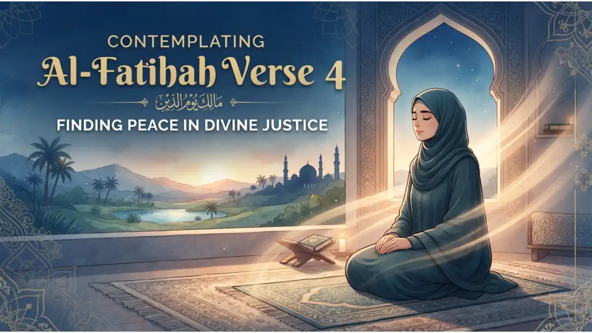 A serene Muslim woman meditating by a window, contemplating Al-Fatihah Verse 4 and finding peace in divine justice.