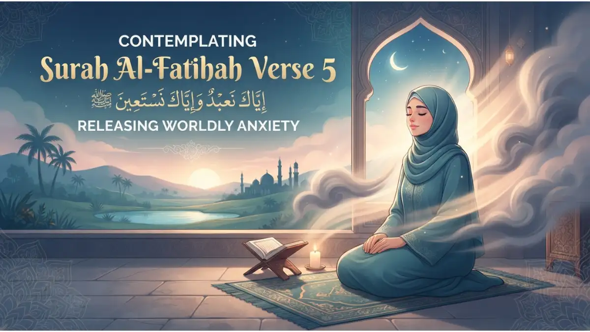 A serene Muslim woman in hijab meditating by a window, releasing worldly anxiety while contemplating Surah Al-Fatihah Verse 5.