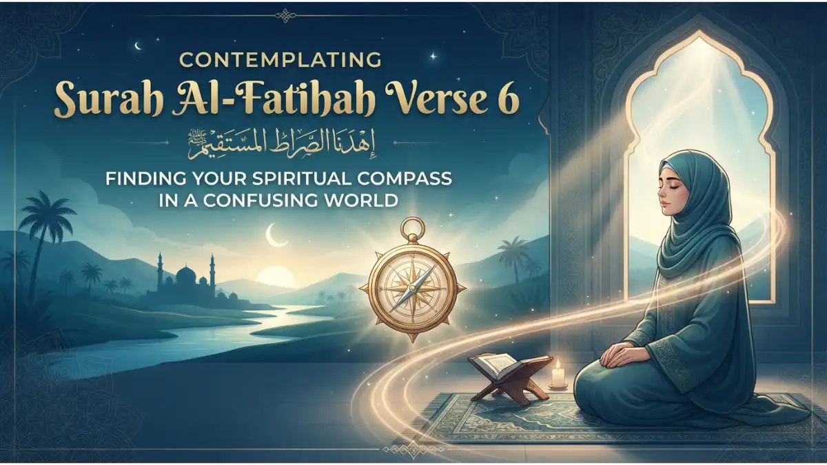 A serene Muslim woman meditating near a window with a glowing compass, contemplating Surah Al-Fatihah Verse 6 for guidance.