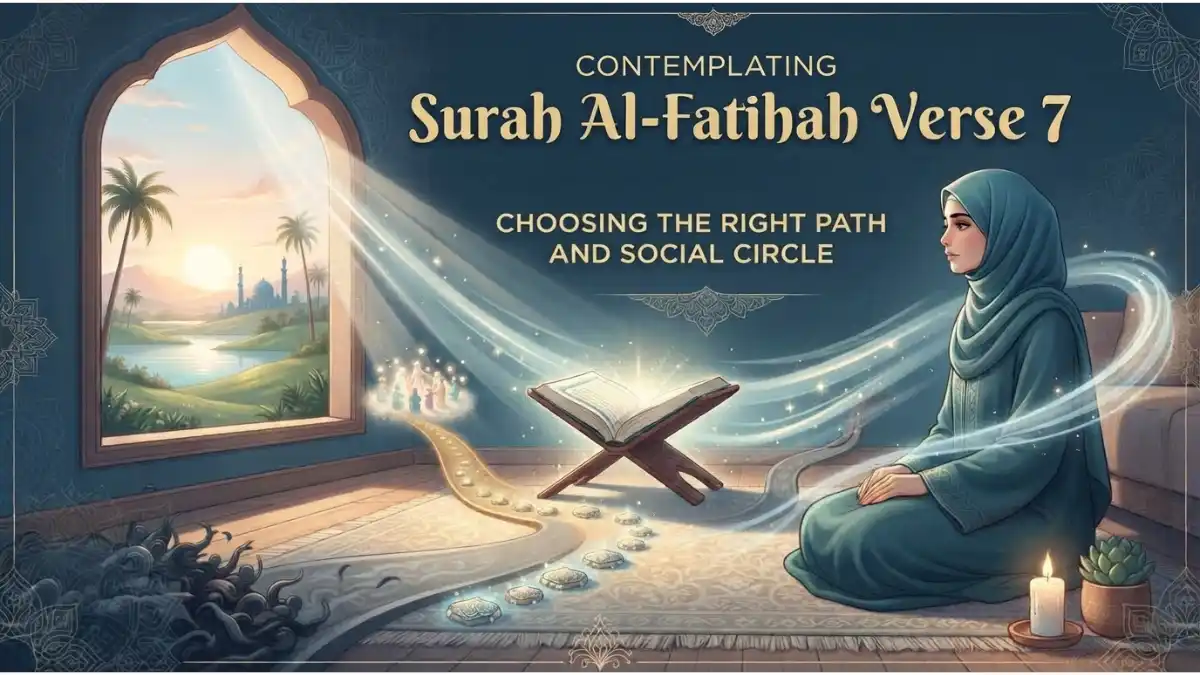 A serene Muslim woman meditating by a sunlit window, reflecting on Surah Al-Fatihah Verse 7 for guidance on the right path.