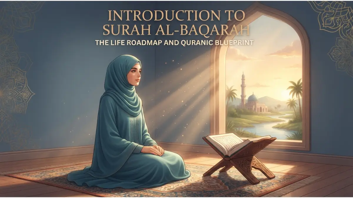 A serene Muslim woman meditating by a sunlit window with an open Quran, exploring the life blueprint of Surah Al-Baqarah.