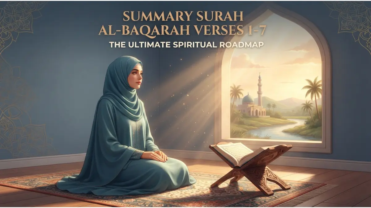 A serene Muslim woman meditating by a sunlit window with an open Quran, exploring the spiritual roadmap of Al-Baqarah 1-7.