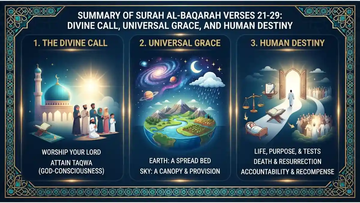 Modern Islamic infographic pin image summary of Surah Al-Baqarah verses 21-29 on divine call and human destiny.