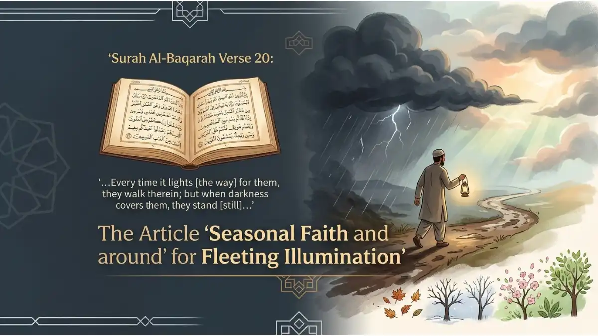 An open Quran beside an illustration of a person holding a lantern on a dark path under stormy clouds and changing seasons.