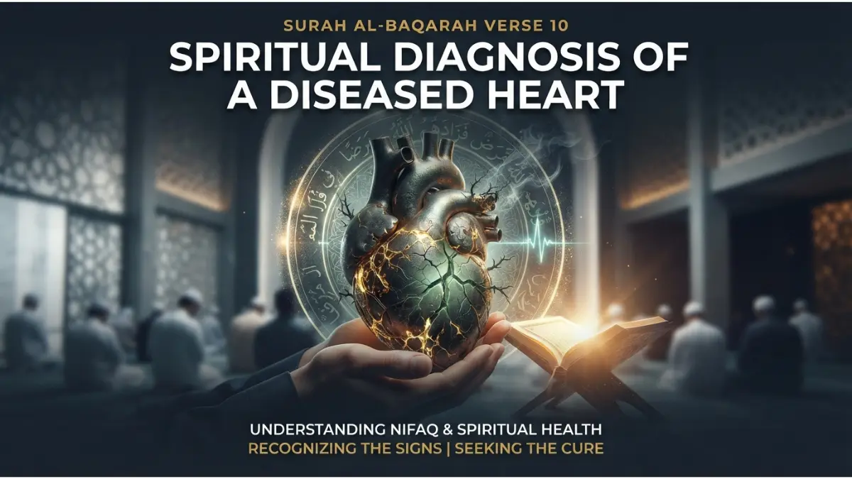A modern Islamic pin graphic featuring hands holding a cracked heart with a digital scan, illustrating Surah Al-Baqarah 10.
