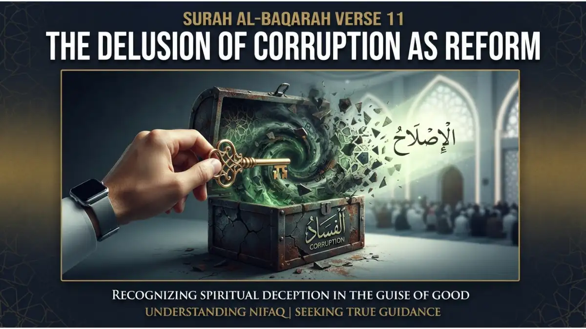 A modern Islamic pin image illustrating Surah Al-Baqarah Verse 11, with a hand unlocking a chest of corruption disguised as reform.
