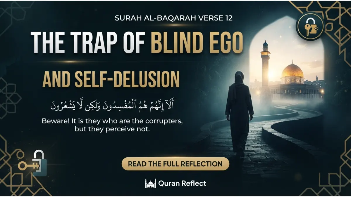 A modern Islamic pin graphic illustrating Surah Al-Baqarah Verse 12, showing the spiritual trap of blind ego and self-delusion.