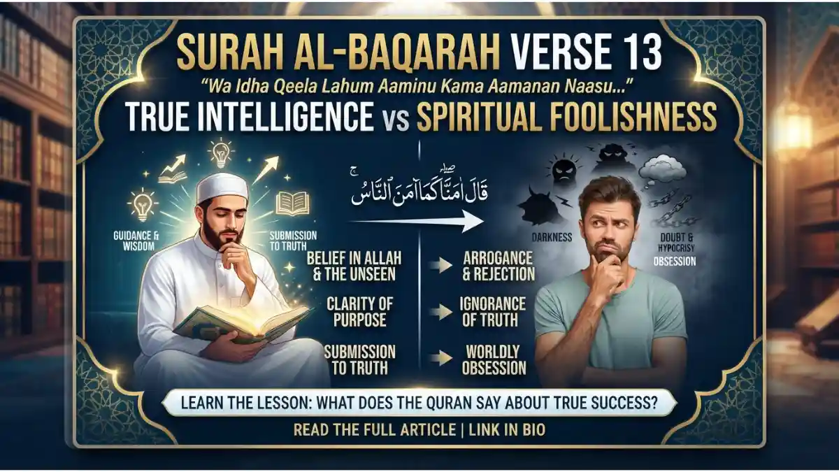 Infographic comparing true intelligence from Surah Al-Baqarah verse 13 with spiritual foolishness.