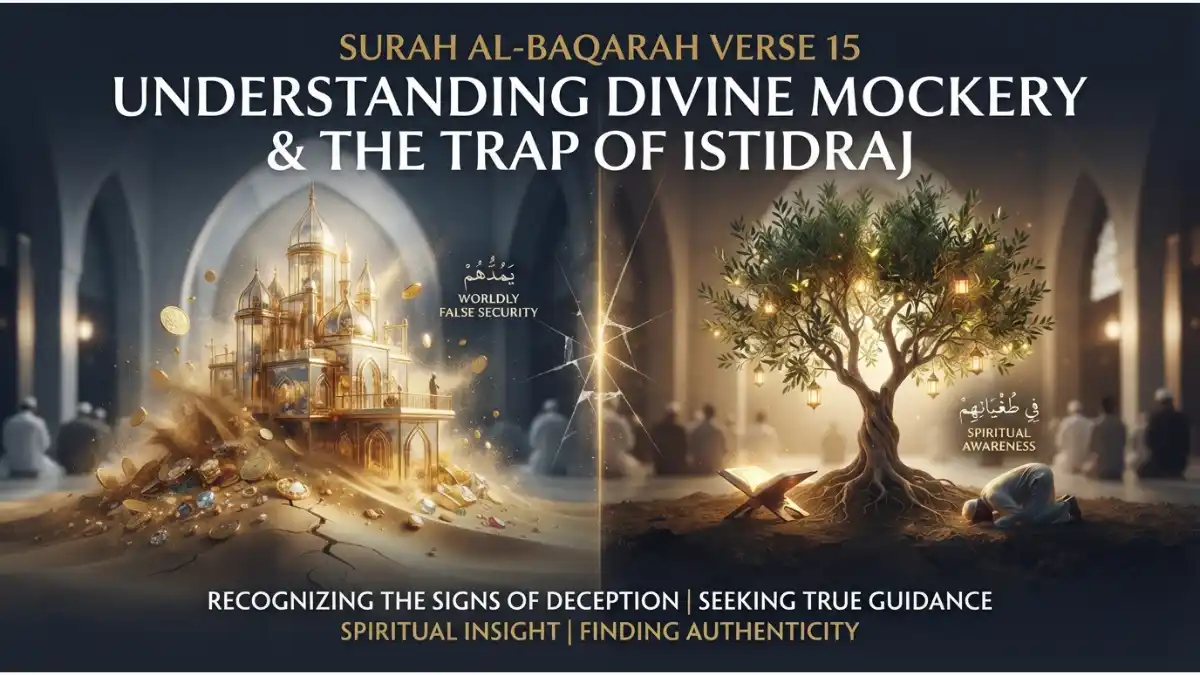 Surah Al-Baqarah Verse 15: Understanding Divine Mockery and the Trap of Istidraj 2 A modern Islamic pin image illustrating Surah Al-Baqarah 15, showing the illusion of worldly wealth versus spiritual awareness.