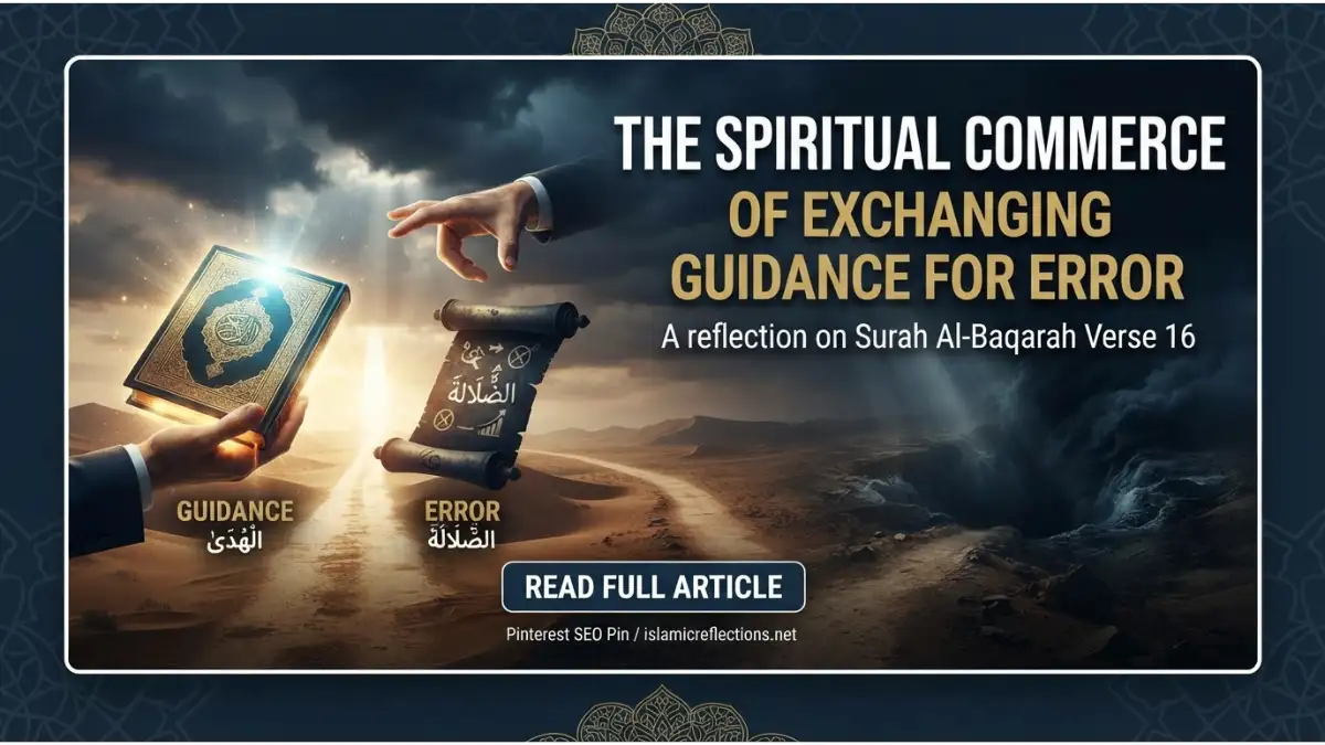 Spiritual commerce of exchanging guidance for error reflection based on Surah Al-Baqarah Verse 16 in Islamic art.