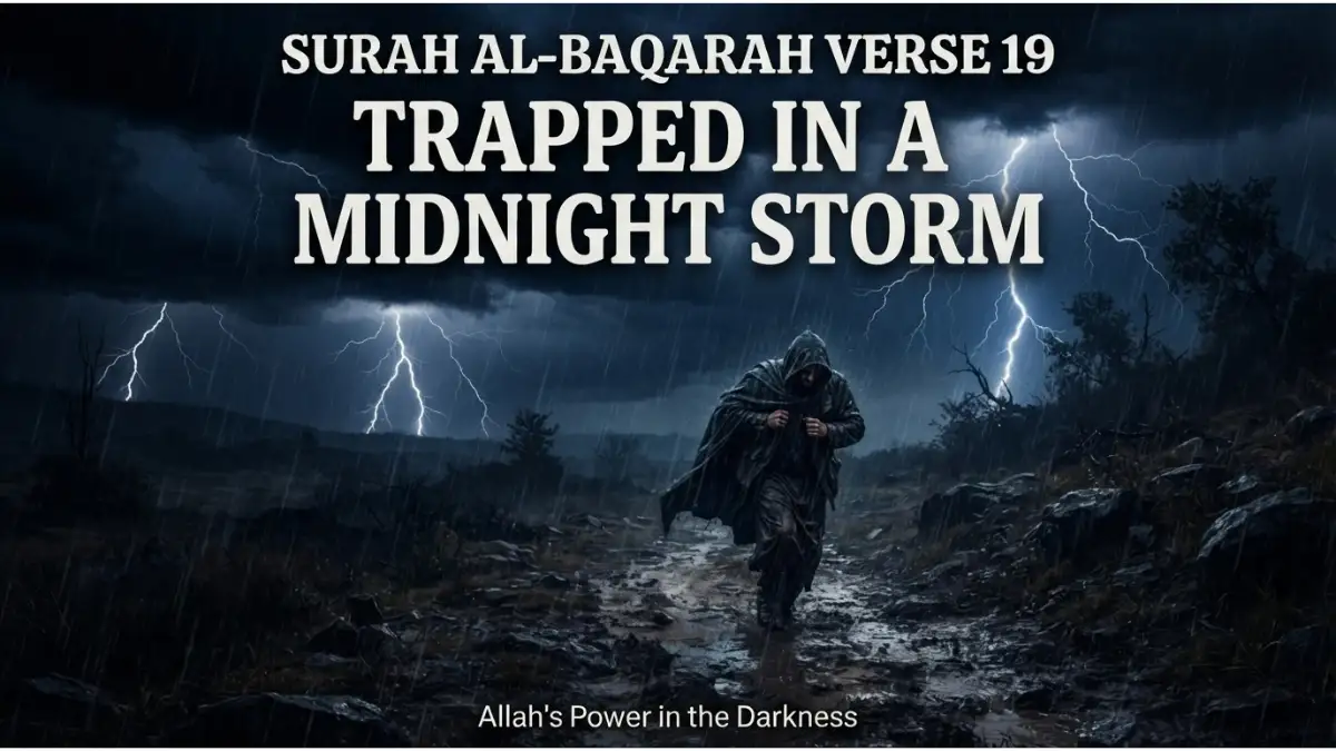 Surah Al-Baqarah Verse 19: Trapped in a Midnight Storm 2 A lone traveler walking through a dark midnight storm with lightning strikes, representing Surah Al-Baqarah Verse 19.