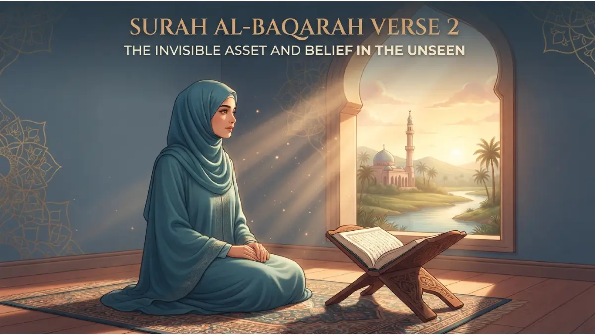 Surah Al-Baqarah Verse 2: The Invisible Asset and Belief in the Unseen 2 A serene Muslim woman meditating by a sunlit window with an open Quran, exploring the concept of belief in the unseen.