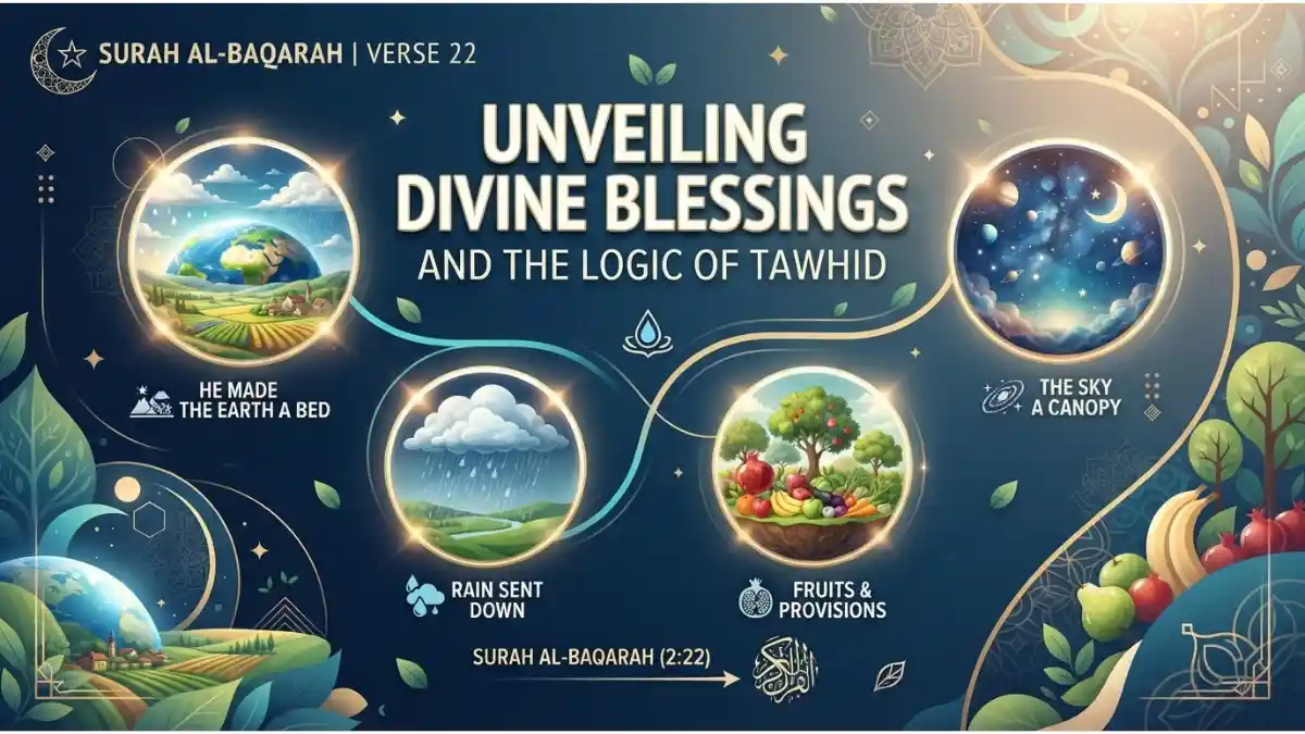 Modern Islamic pin image illustrating Surah Al-Baqarah verse 22 about divine blessings and Tawhid.