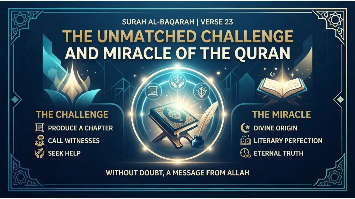 Modern Islamic pin image illustrating Surah Al-Baqarah verse 23 about the unmatched challenge and miracle of the Quran.