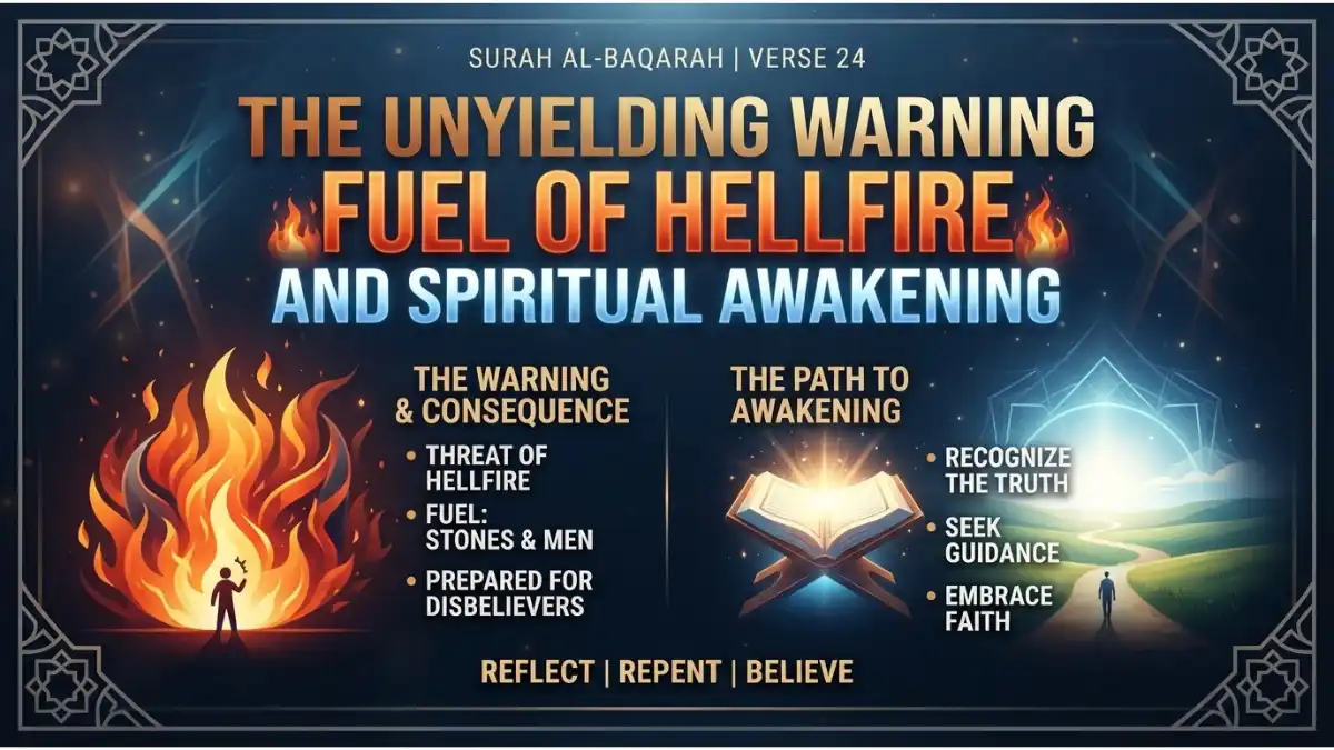Modern Islamic pin image illustrating Surah Al-Baqarah verse 24 about warning, hellfire, and spiritual awakening.