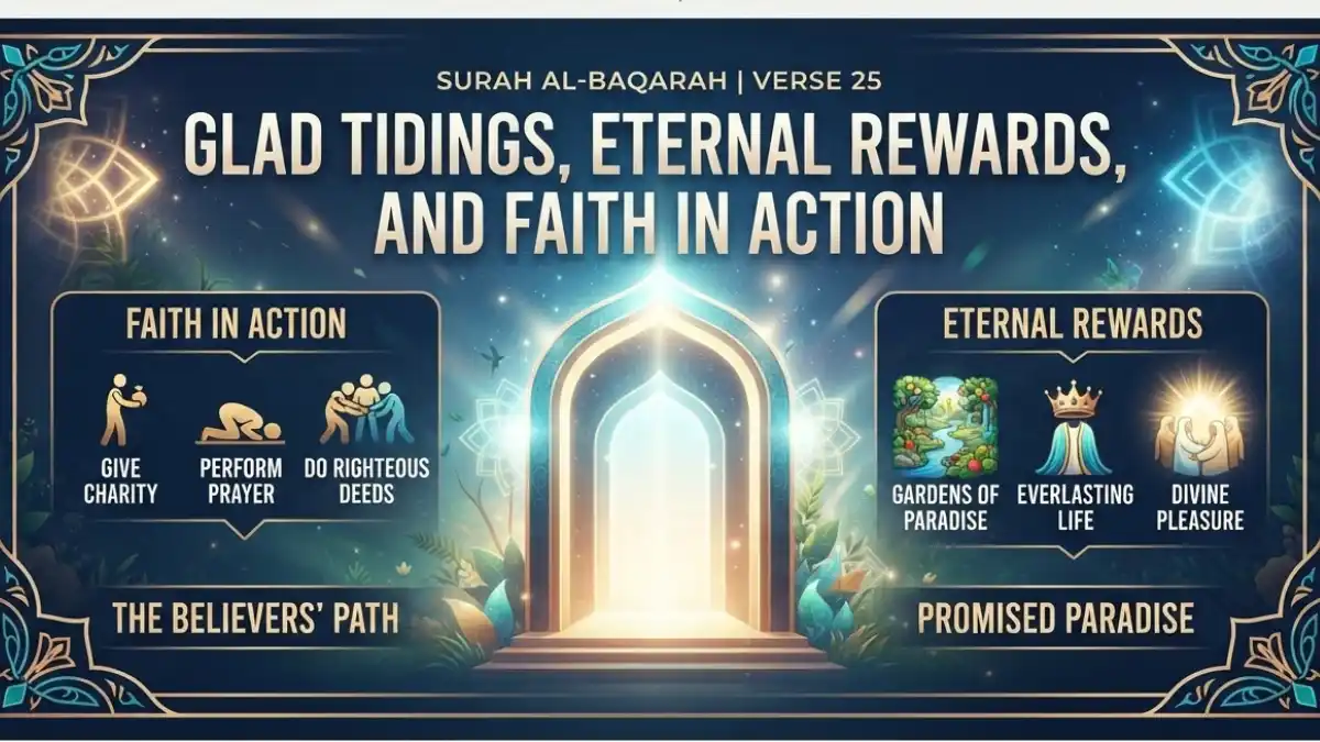 Modern Islamic pin image illustrating Surah Al-Baqarah verse 25 about glad tidings and eternal rewards.