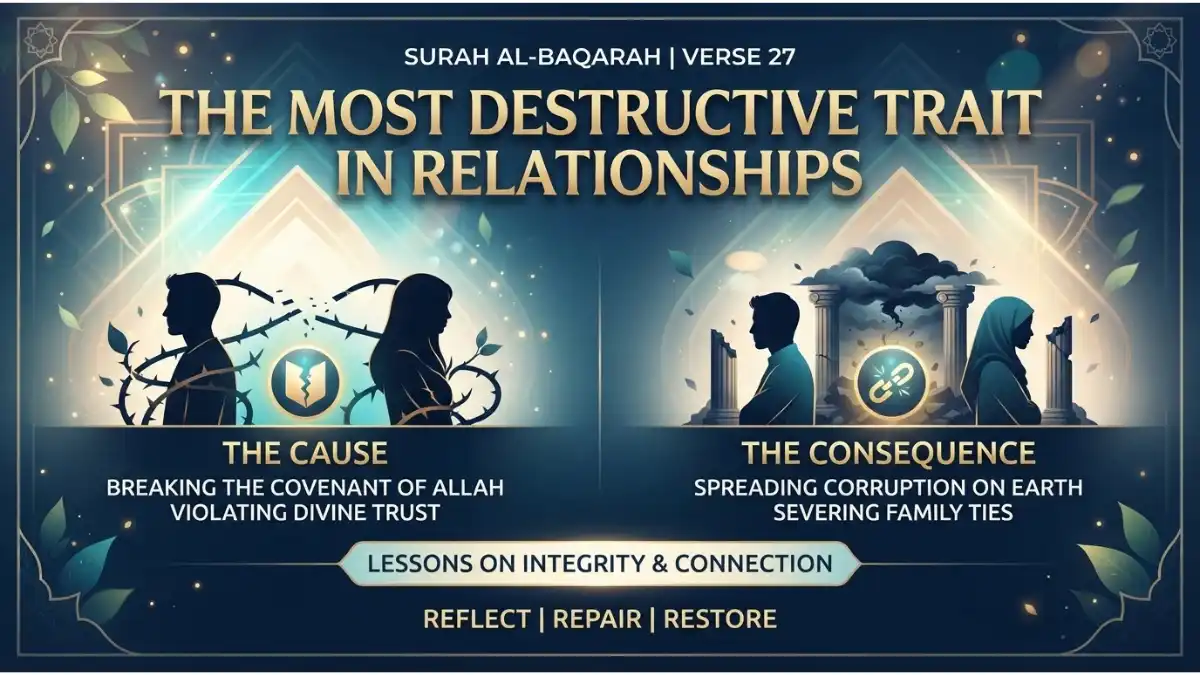 Modern Islamic pin image illustrating Surah Al-Baqarah verse 27 about breaking covenants and destructive traits in relationships.