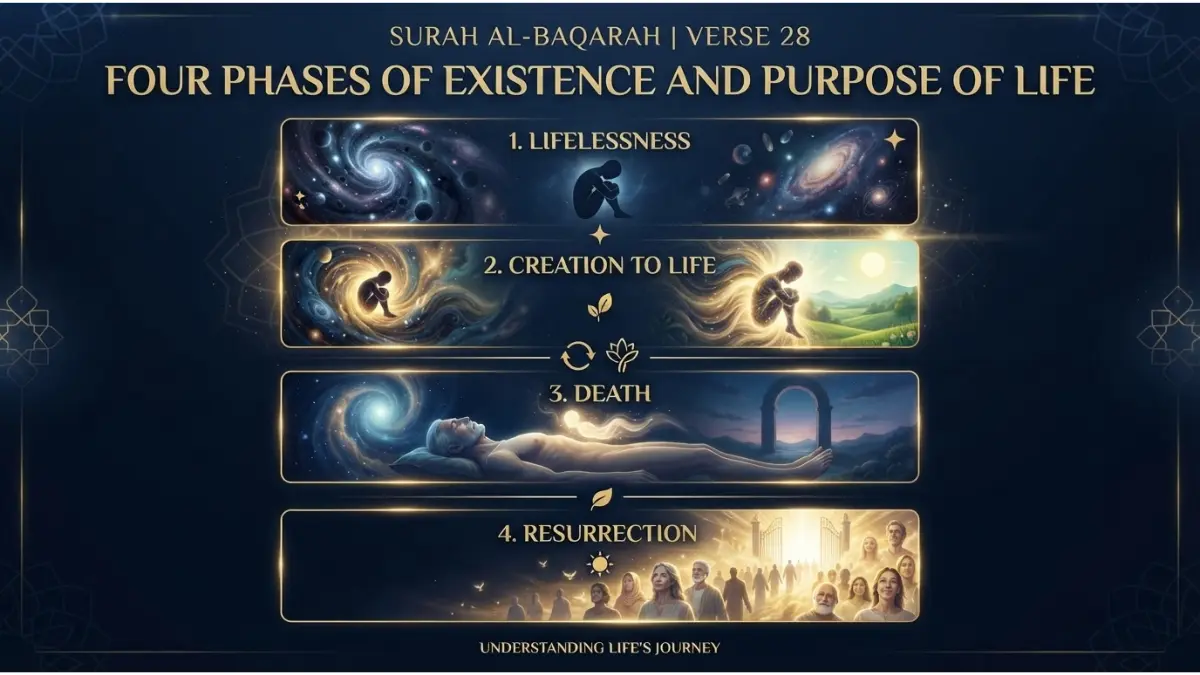 Modern Islamic pin image illustrating Surah Al-Baqarah verse 28 about the four phases of human existence and life purpose.