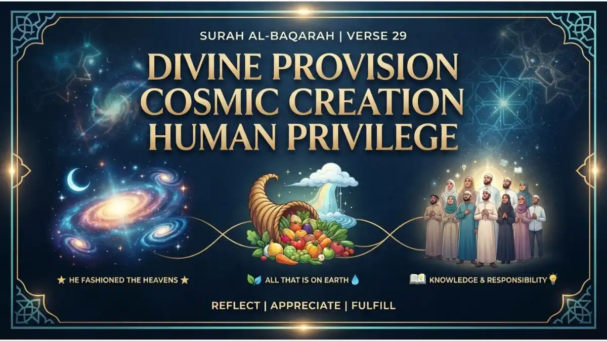Surah Al-Baqarah Verse 29: Divine Provision, Cosmic Creation, and Human Privilege 2 Modern Islamic infographic pin image illustrating Surah Al-Baqarah verse 29 about cosmic creation, provision, and human privilege.